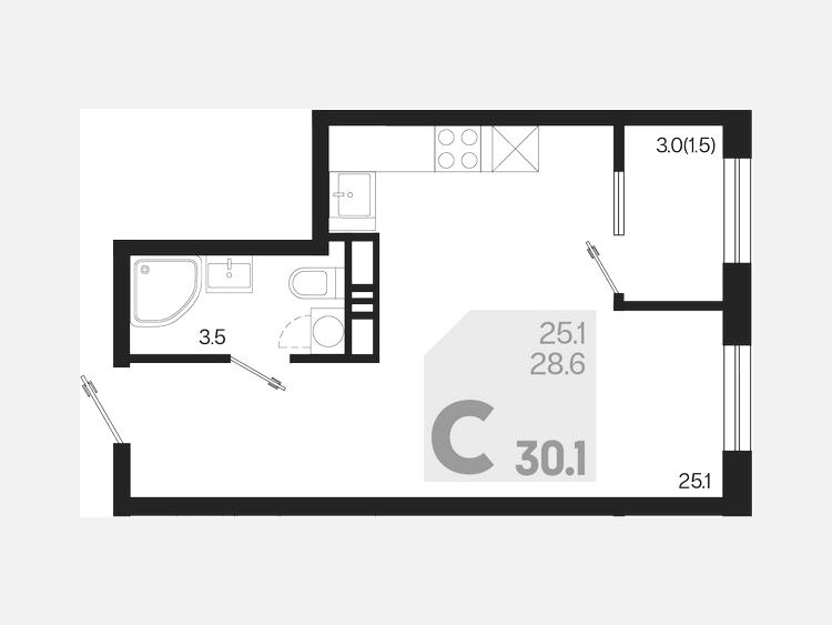 Студия, 30.10 м², 16/18 этаж фото 0