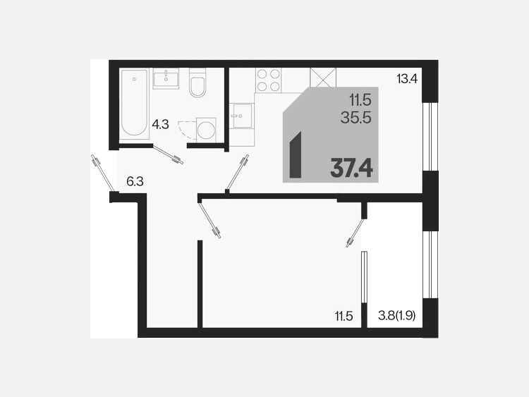 1-комнатная квартира, 37.40 м², 2/18 этаж фото 0