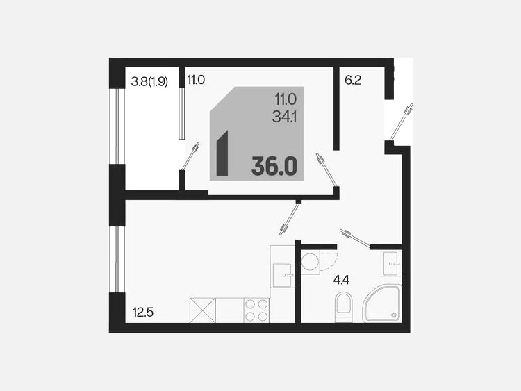 1-комнатная квартира, 36 м², 2/18 этаж фото 0