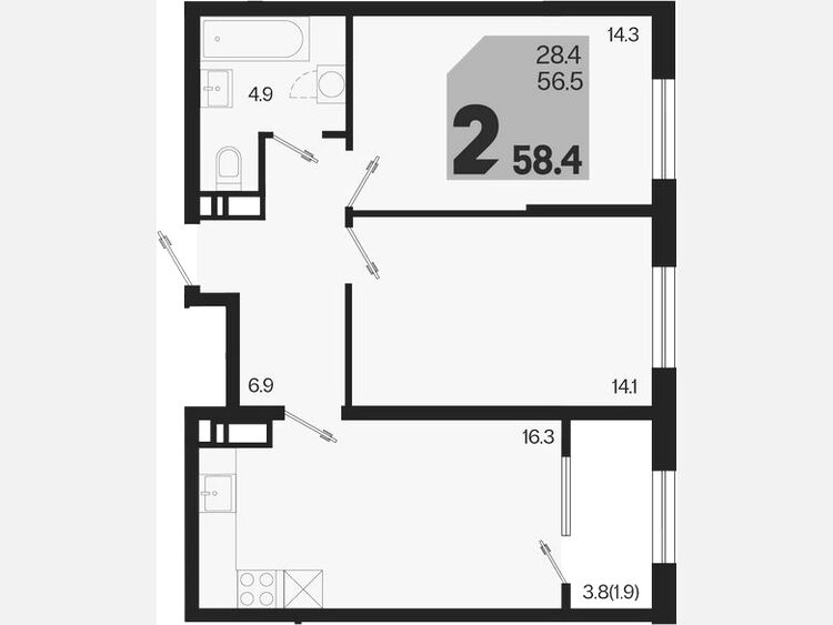 3-комнатная квартира, 58.40 м², 16/18 этаж фото 0