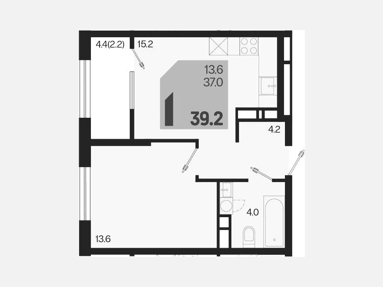 2-комнатная квартира, 39.20 м², 14/18 этаж фото 0