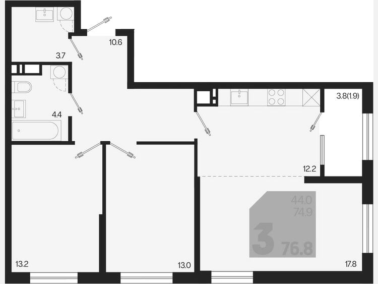 3-комнатная квартира, 76.80 м², 9/18 этаж фото 0