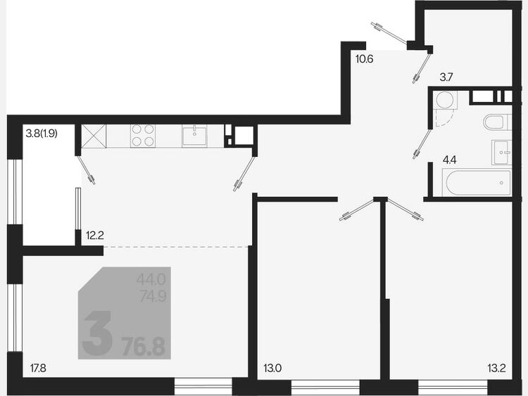 3-комнатная квартира, 76.80 м², 11/18 этаж фото 0