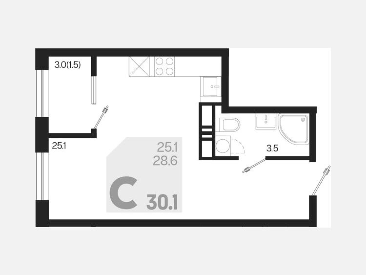 Студия, 30.10 м², 12/18 этаж фото 0
