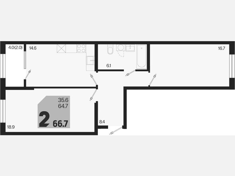 2-комнатная квартира, 66.70 м², 2/18 этаж фото 0