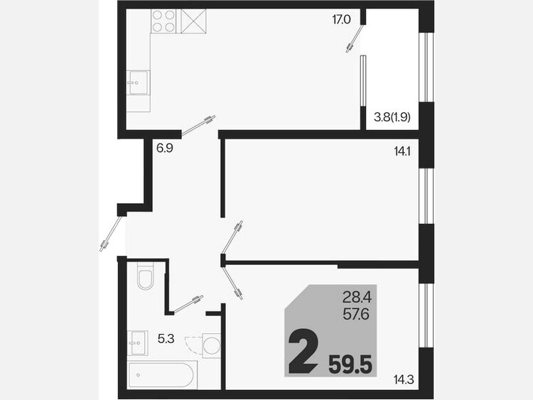 3-комнатная квартира, 59.50 м², 2/18 этаж фото 0