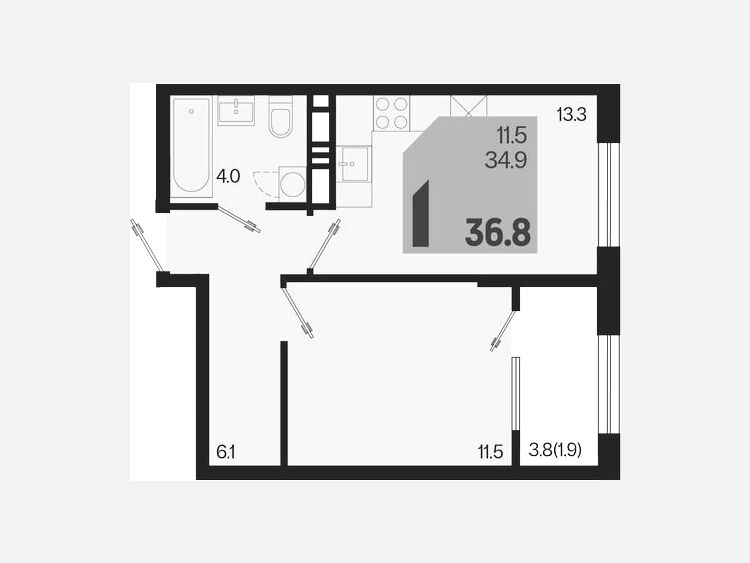 1-комнатная квартира, 36.80 м², 5/18 этаж фото 0