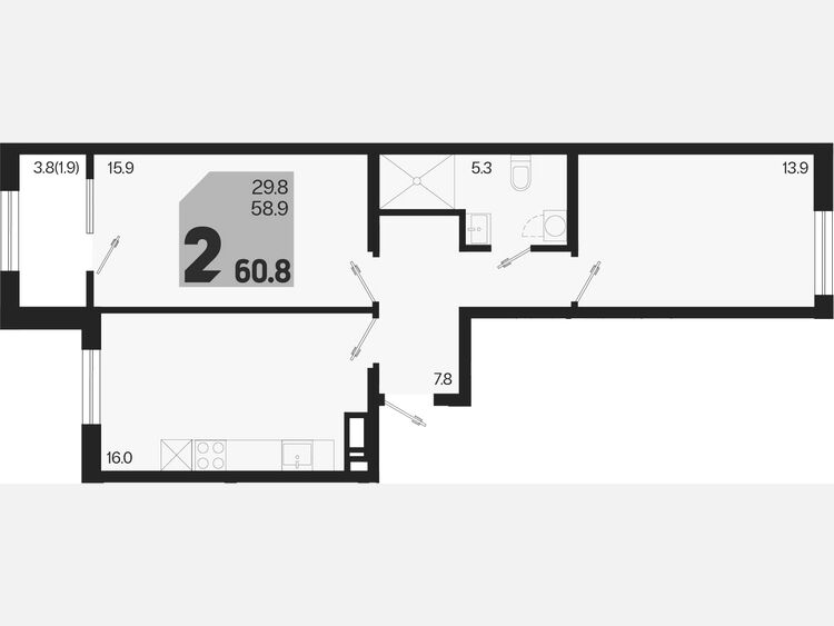 3-комнатная квартира, 60.80 м², 2/9 этаж фото 0