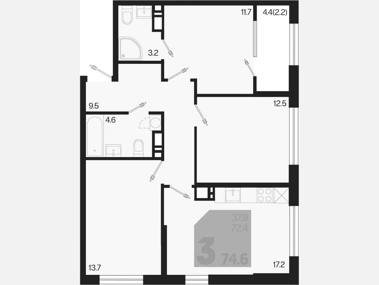 4-комнатная квартира, 74.60 м², 8/9 этаж фото 0