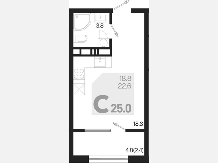 Студия, 25 м², 8/9 этаж фото 0