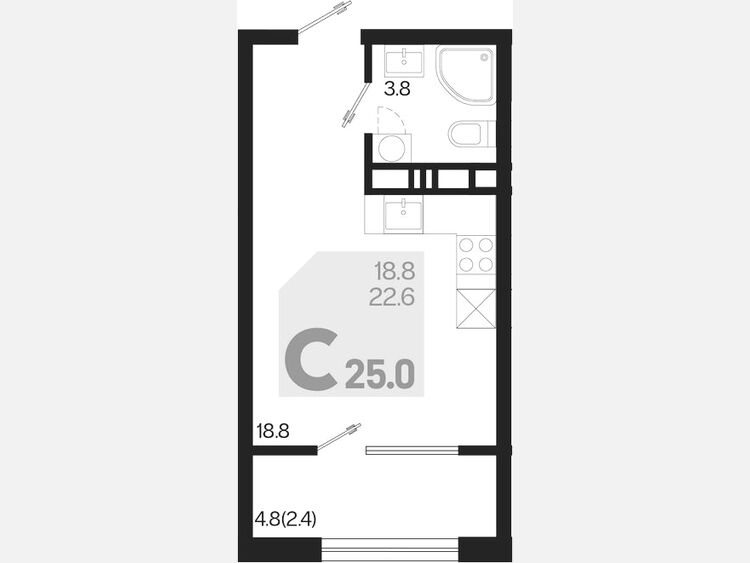 Студия, 25 м², 7/9 этаж фото 0
