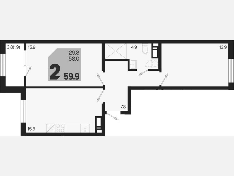 3-комнатная квартира, 59.90 м², 9/9 этаж фото 0