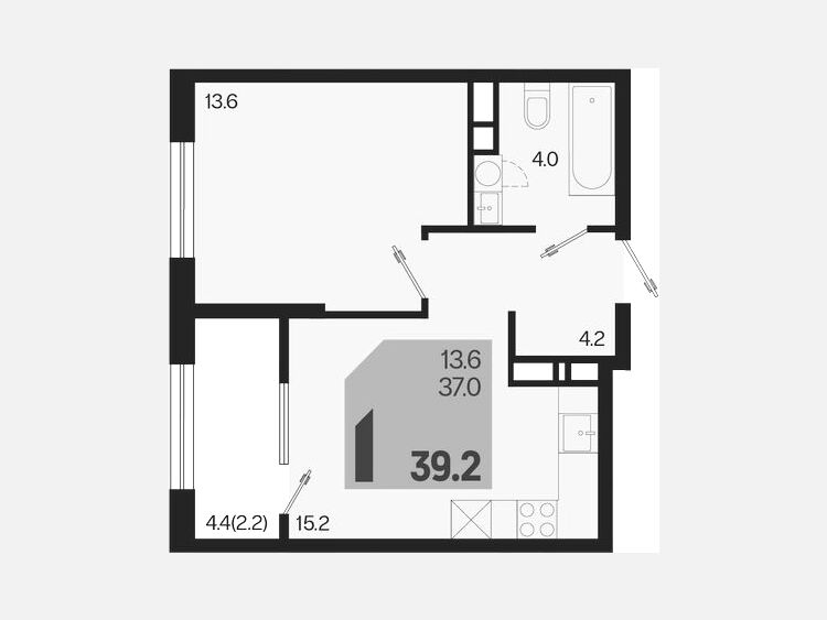 2-комнатная квартира, 39.20 м², 17/18 этаж фото 0
