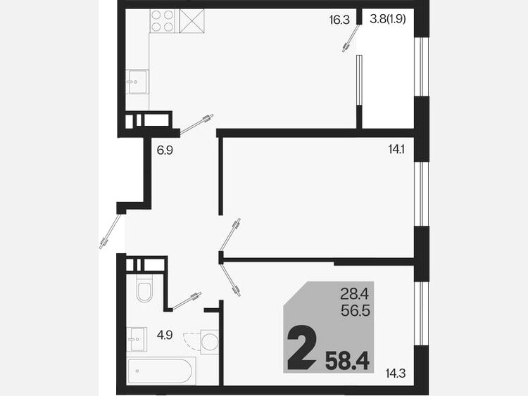 3-комнатная квартира, 58.40 м², 16/18 этаж фото 0