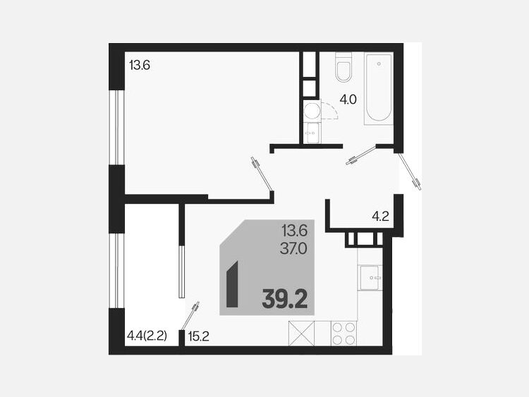 2-комнатная квартира, 39.20 м², 18/18 этаж фото 0