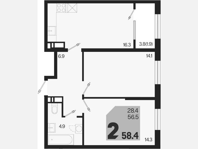 3-комнатная квартира, 58.40 м², 18/18 этаж фото 0