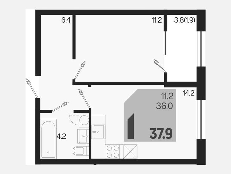 1-комнатная квартира, 37.90 м², 2/9 этаж фото 0
