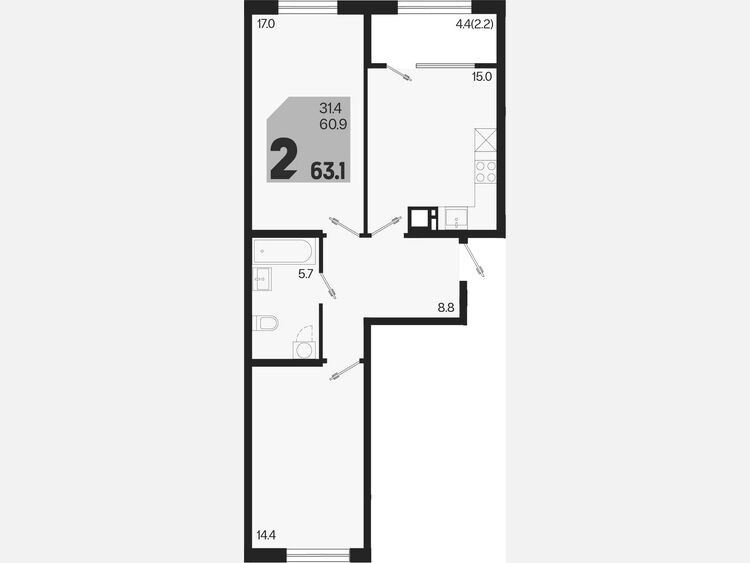 3-комнатная квартира, 63.10 м², 2/9 этаж фото 0