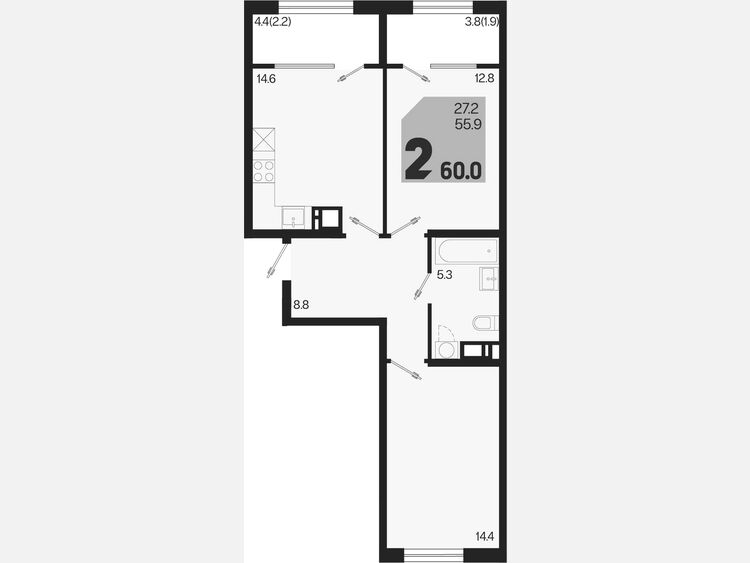 2-комнатная квартира, 60 м², 5/9 этаж фото 0