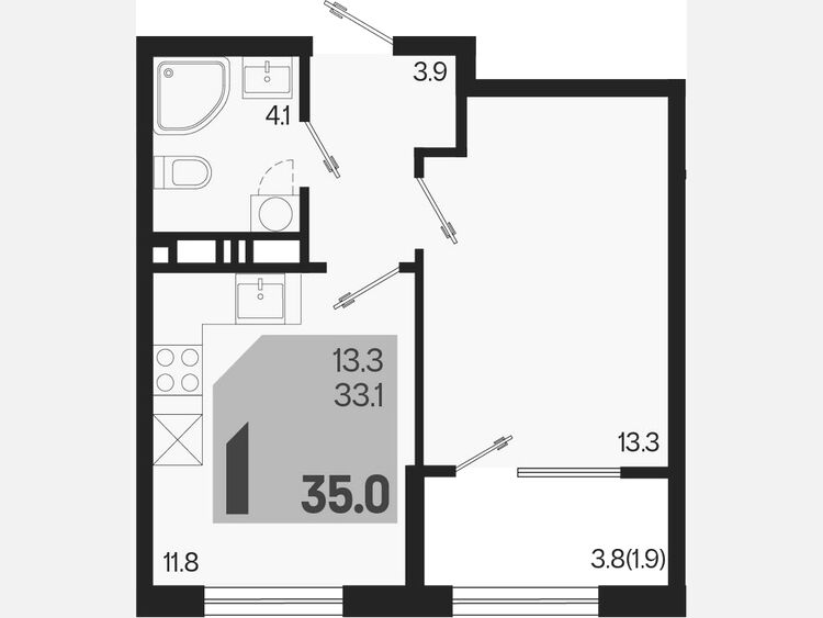 1-комнатная квартира, 35 м², 4/9 этаж фото 0