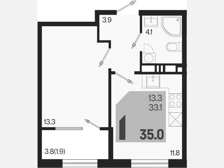 1-комнатная квартира, 35 м², 8/9 этаж фото 0