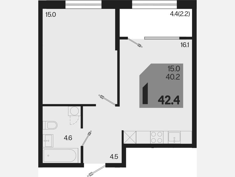 2-комнатная квартира, 42.40 м², 2/18 этаж фото 0