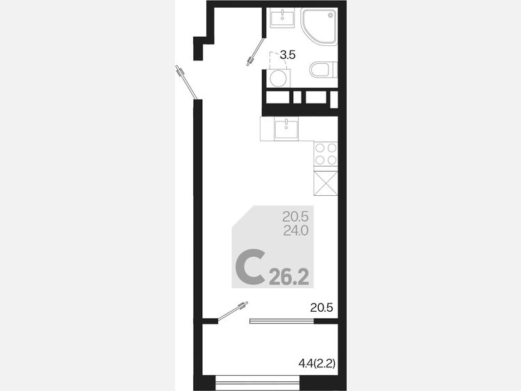 Студия, 26.20 м², 13/18 этаж фото 0