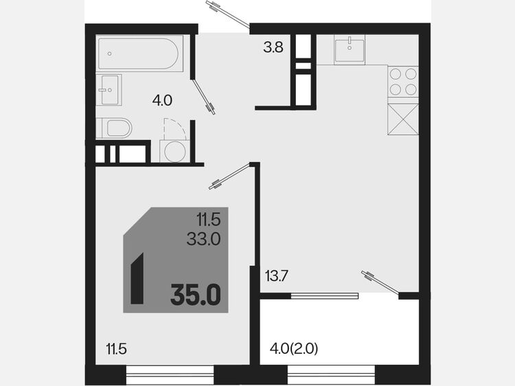 1-комнатная квартира, 35 м², 17/18 этаж фото 0
