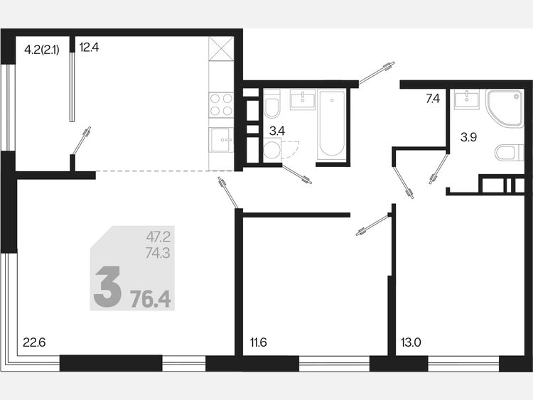 3-комнатная квартира, 76.40 м², 16/18 этаж фото 0
