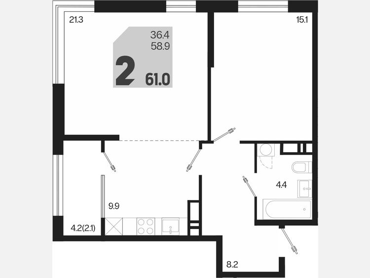 2-комнатная квартира, 61 м², 16/18 этаж фото 0