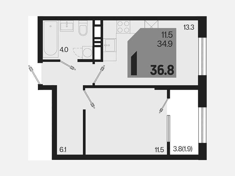 1-комнатная квартира, 36.90 м², 16/18 этаж фото 0
