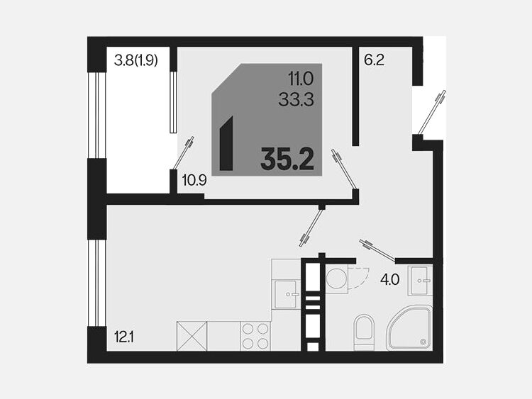 1-комнатная квартира, 35.20 м², 12/18 этаж фото 0