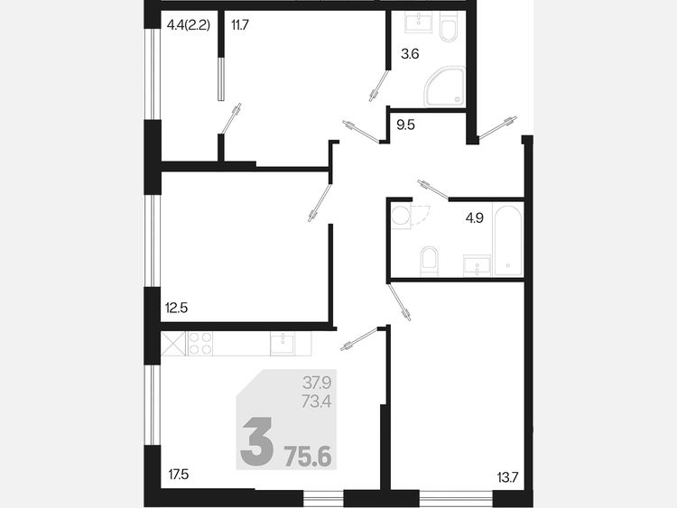 4-комнатная квартира, 75.60 м², 2/9 этаж фото 0