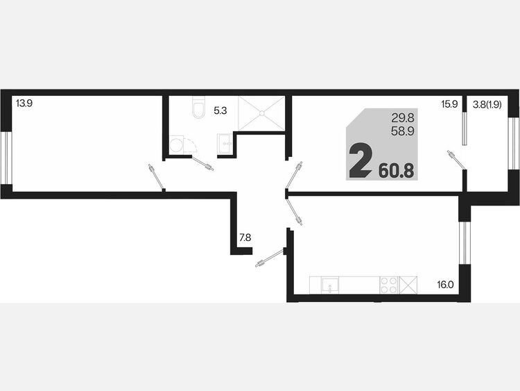 3-комнатная квартира, 60.80 м², 2/9 этаж фото 0