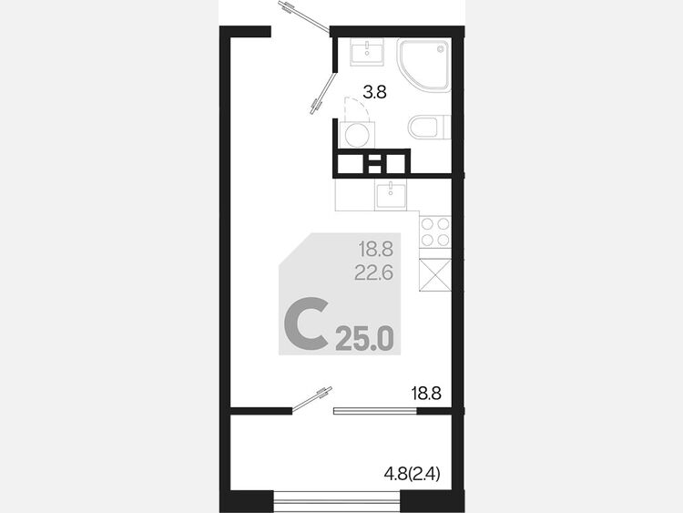 Студия, 25 м², 4/9 этаж фото 0