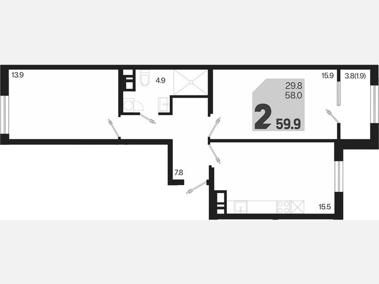 3-комнатная квартира, 59.90 м², 4/9 этаж фото 0