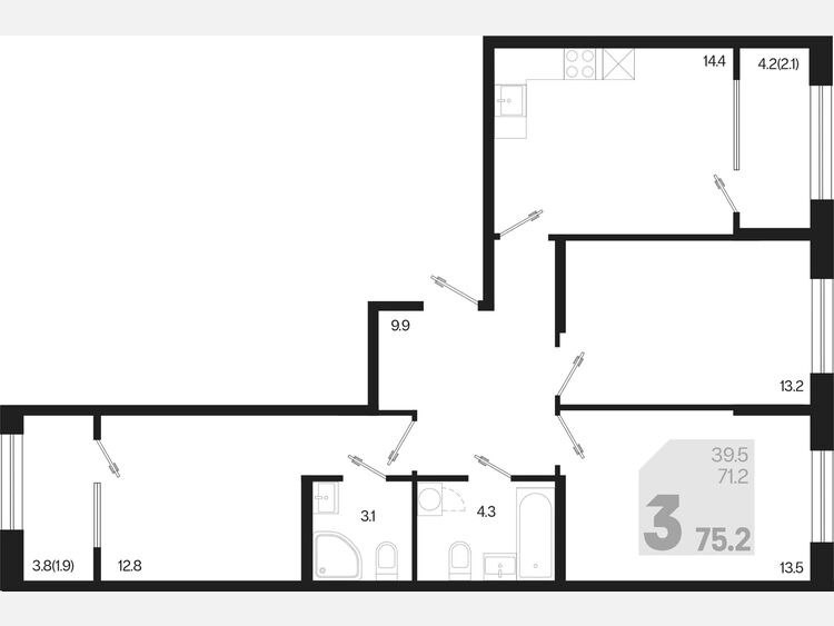 3-комнатная квартира, 75.20 м², 2/9 этаж фото 0