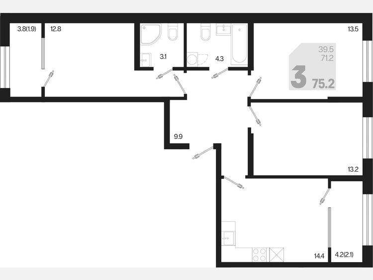 3-комнатная квартира, 75.20 м², 2/9 этаж фото 0