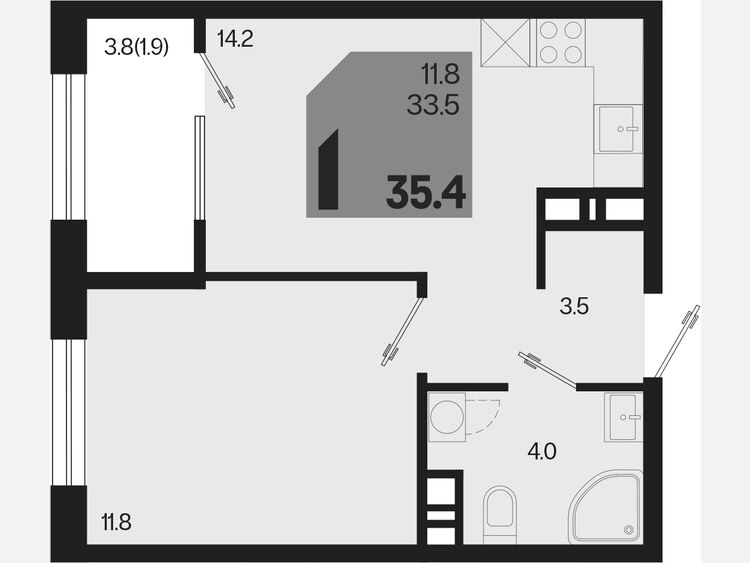 1-комнатная квартира, 35.40 м², 8/9 этаж фото 0