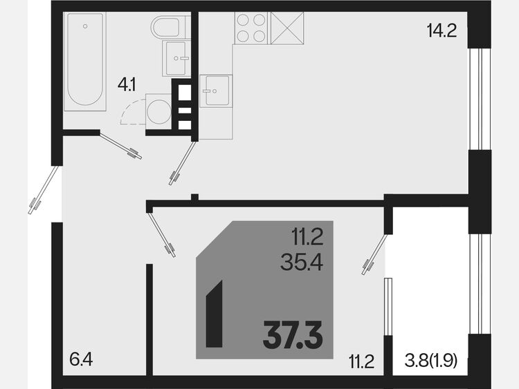 1-комнатная квартира, 37.30 м², 8/9 этаж фото 0