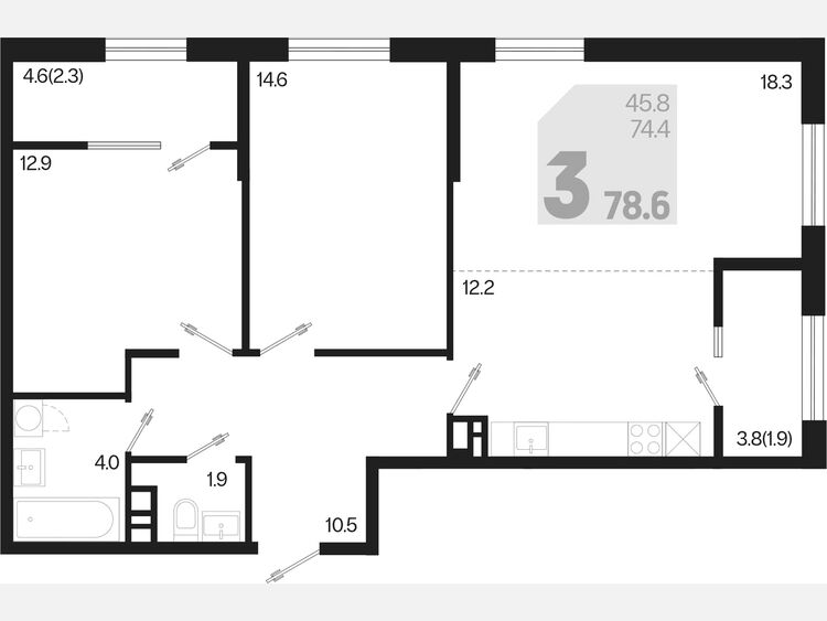 3-комнатная квартира, 78.60 м², 9/9 этаж фото 0