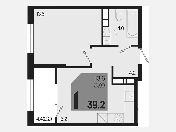2-комнатная квартира, 39.20 м², 8/18 этаж фото 0