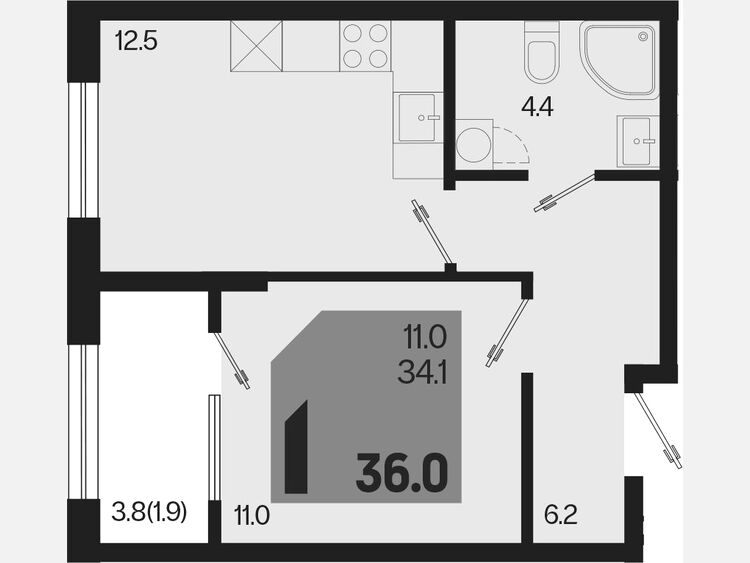 1-комнатная квартира, 36 м², 2/18 этаж фото 0