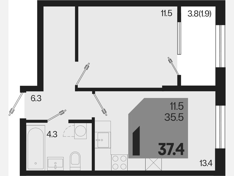 1-комнатная квартира, 37.40 м², 2/18 этаж фото 0