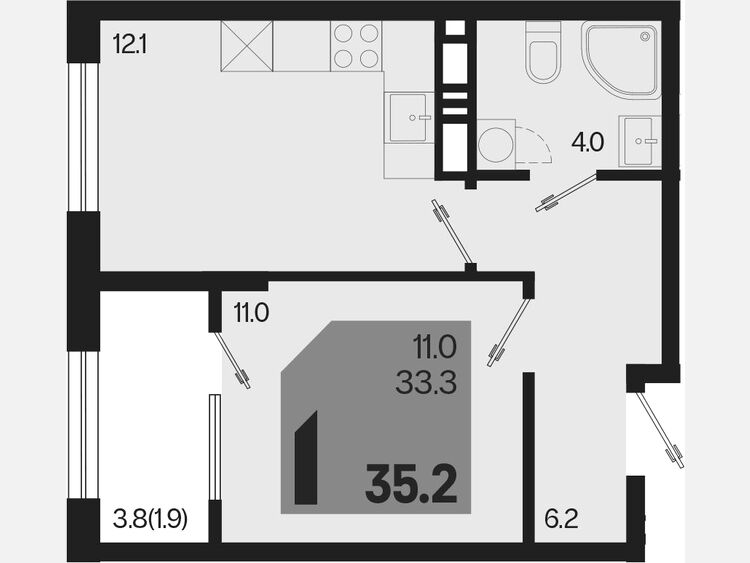 1-комнатная квартира, 35.20 м², 16/18 этаж фото 0