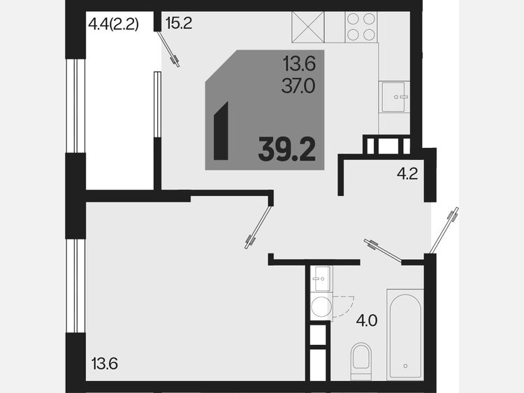 2-комнатная квартира, 39.20 м², 18/18 этаж фото 0
