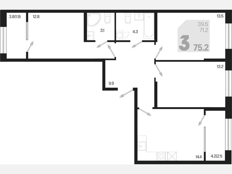 3-комнатная квартира, 75.20 м², 2/9 этаж фото 0