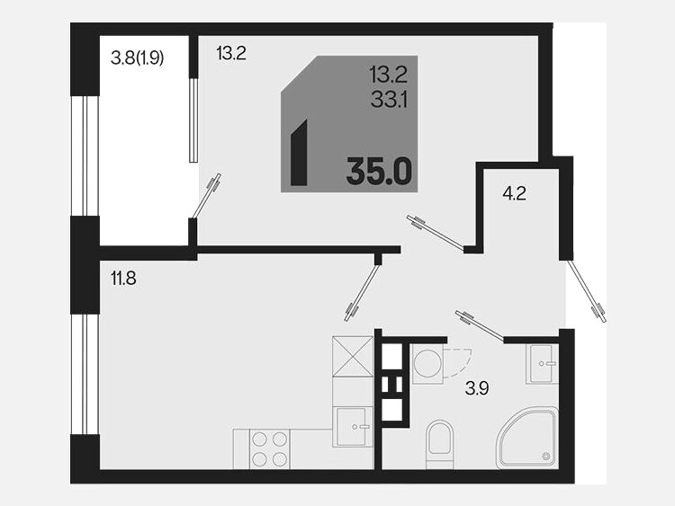 1-комнатная квартира, 35 м², 9/9 этаж фото 0