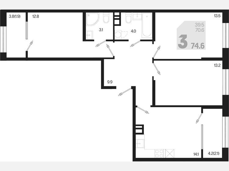 3-комнатная квартира, 74.60 м², 6/9 этаж фото 0
