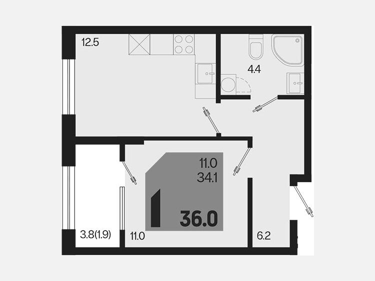 1-комнатная квартира, 36 м², 2/18 этаж фото 0